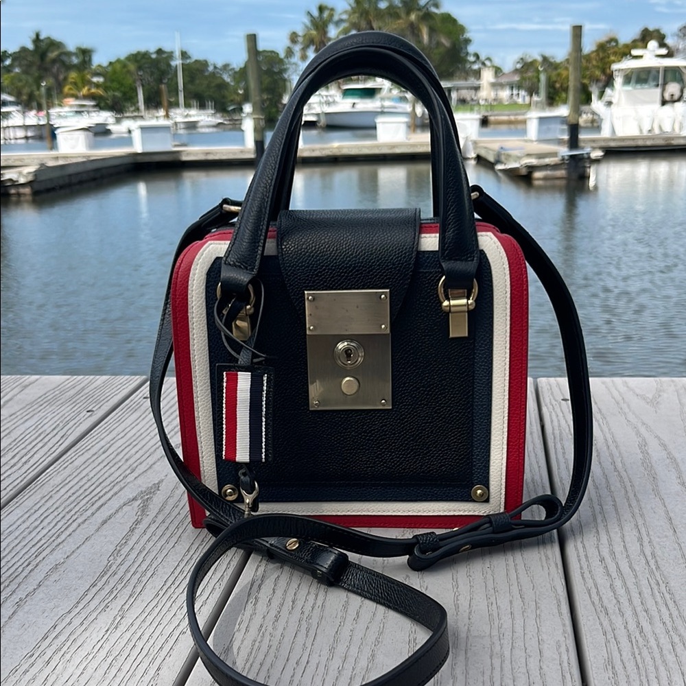 THOM BROWNE Black and Red Crossbody Bag with Adjustable Strap and Gold Hardware